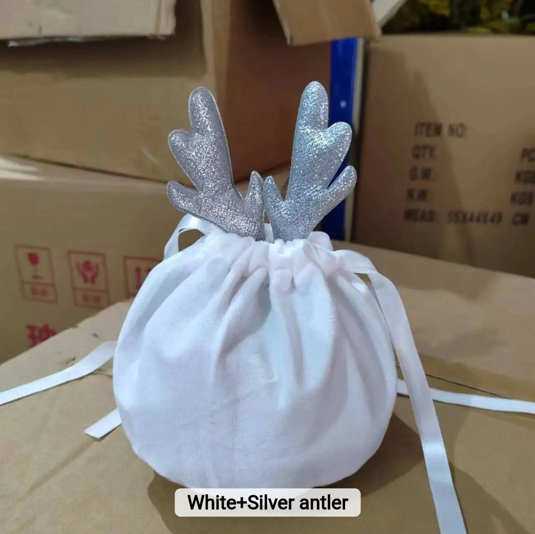 White Silver Reindeer Velvet Christmas Bag