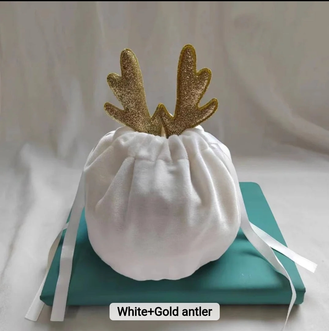 White Gold Reindeer Velvet Christmas Bag