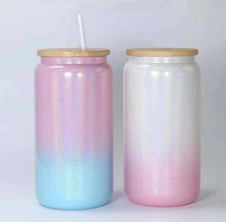 16oz Pink/White Holographic Ombre Sublimation Libbey Glass cans