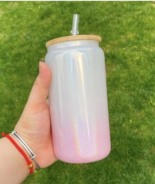 16oz Pink/White Holographic Ombre Sublimation Libbey Glass cans
